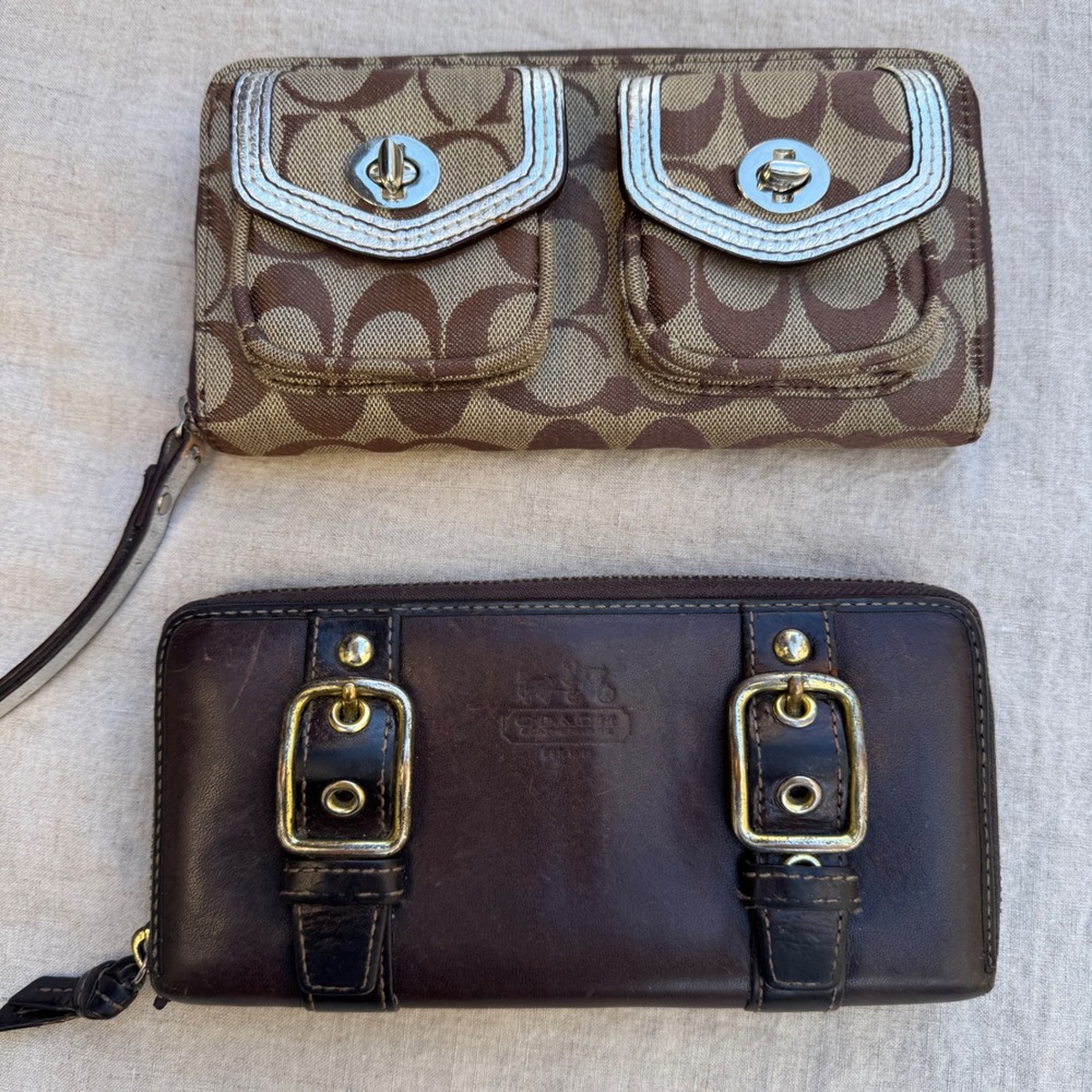Coach Wallets 2pc Brown allover monogram tan Canvas brown Leather Zip Y2K buckle